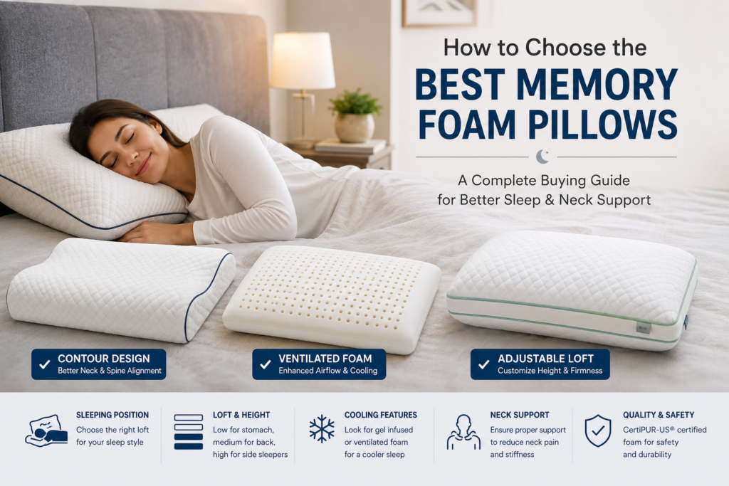 Best Memory Foam Pillows Buying Guide showing how to choose the right memory foam pillow for better sleep and neck support