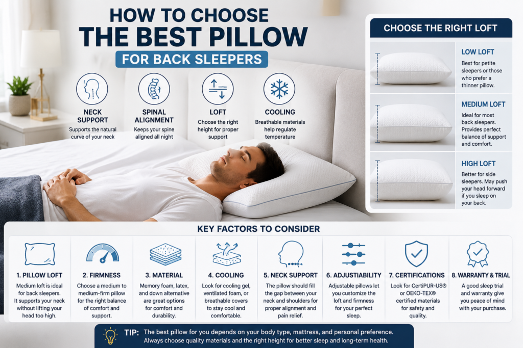 Best Pillows for Back Sleepers Buying Guide showing proper pillow height, neck support, spinal alignment, and cooling features